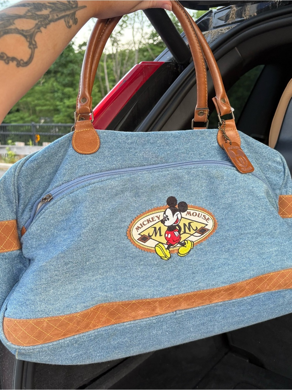 Disney Blue Denim Mickey Mouse Travel Bag with Brown Trim